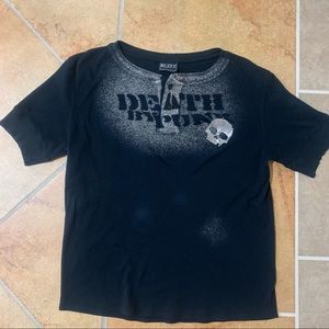 90s hot topic brand BLEST skull death by punk short sleeve button up shirt